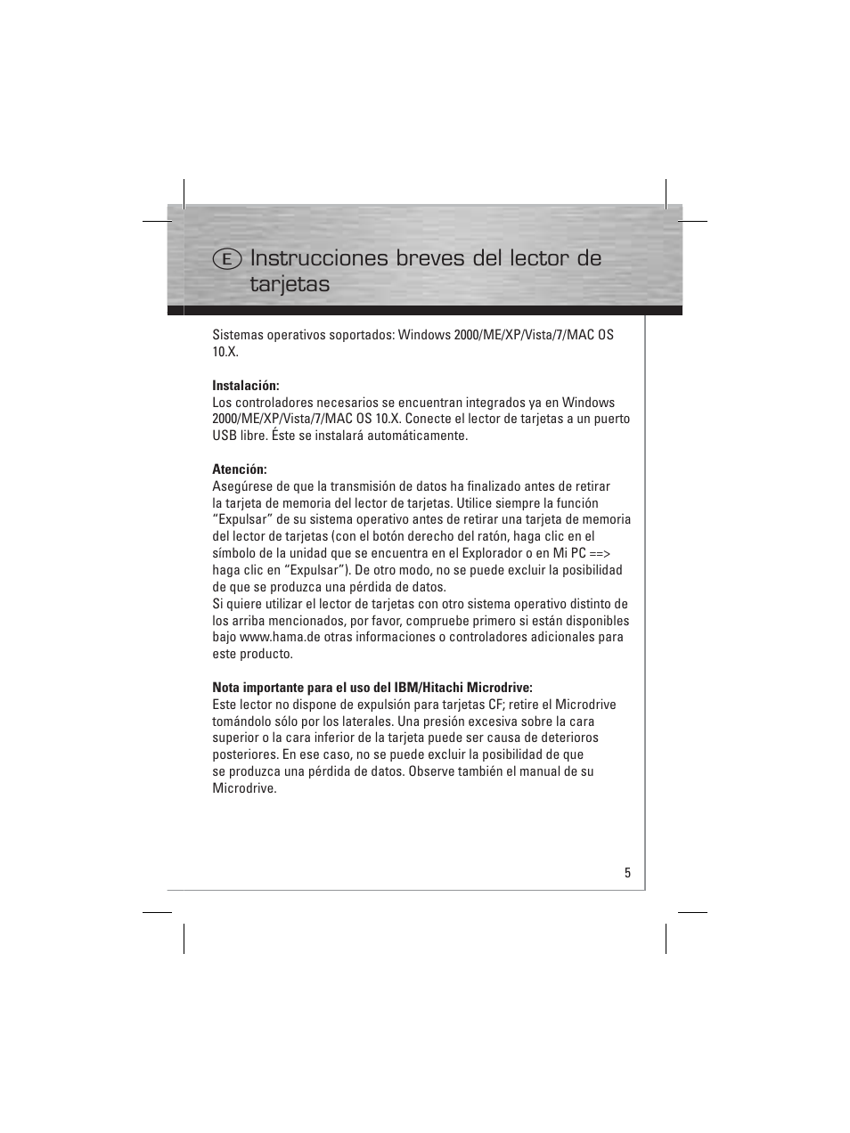 E instrucciones breves del lector de tarjetas | Hama Card Reader Writer 35in1 User Manual | Page 6 / 18