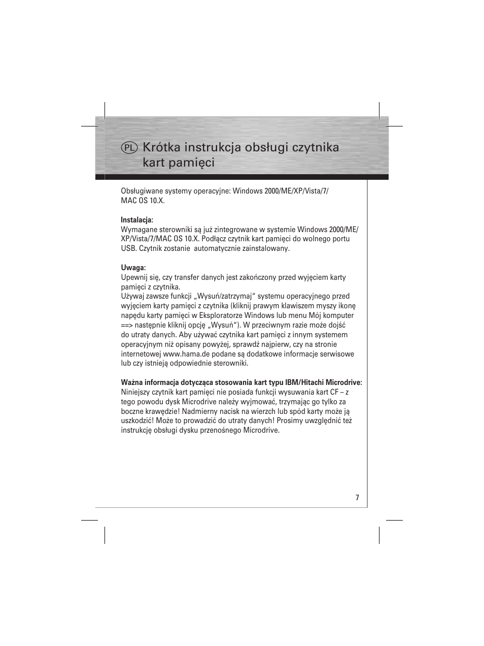 Q krótka instrukcja obsługi czytnika kart pamięci | Hama Card Reader Writer 35in1 User Manual | Page 8 / 18