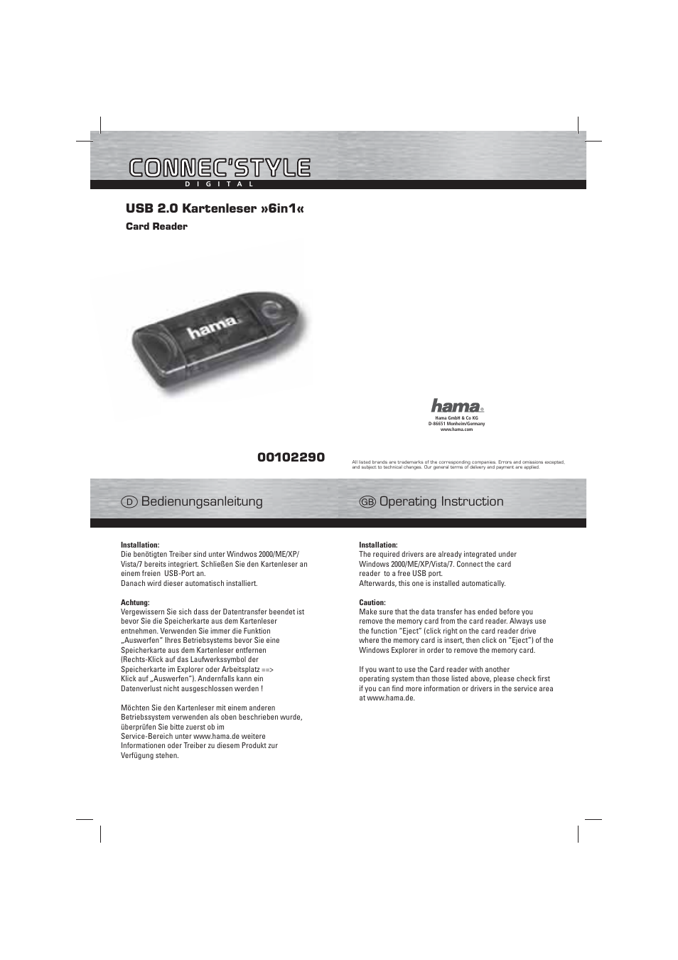 Hama Card Reader Writer 6in1 User Manual | 4 pages