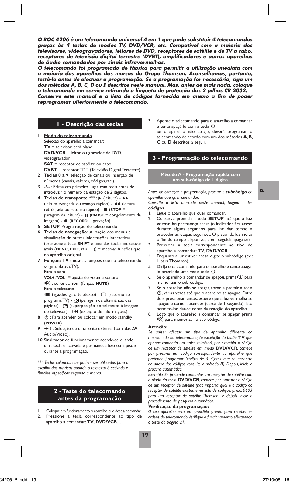 2 - teste do telecomando antes da programação | Hama ROC4206 User Manual | Page 23 / 54