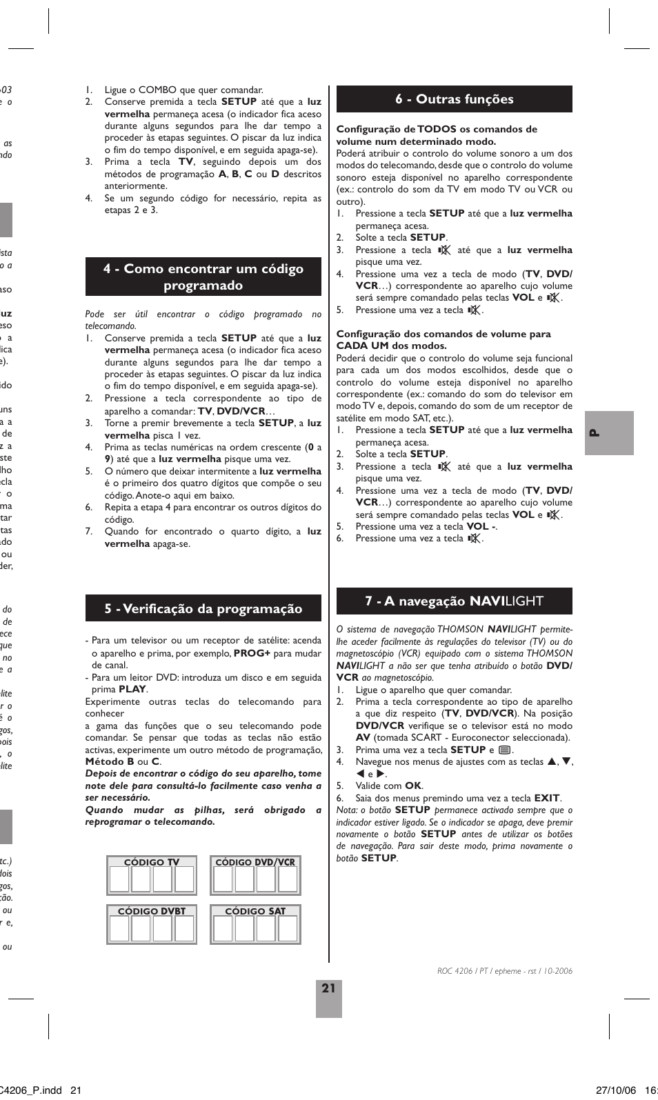 4 - como encontrar um código programado, 5 - verificação da programação, 7 - a navegação navi light | 6 - outras funções | Hama ROC4206 User Manual | Page 25 / 54