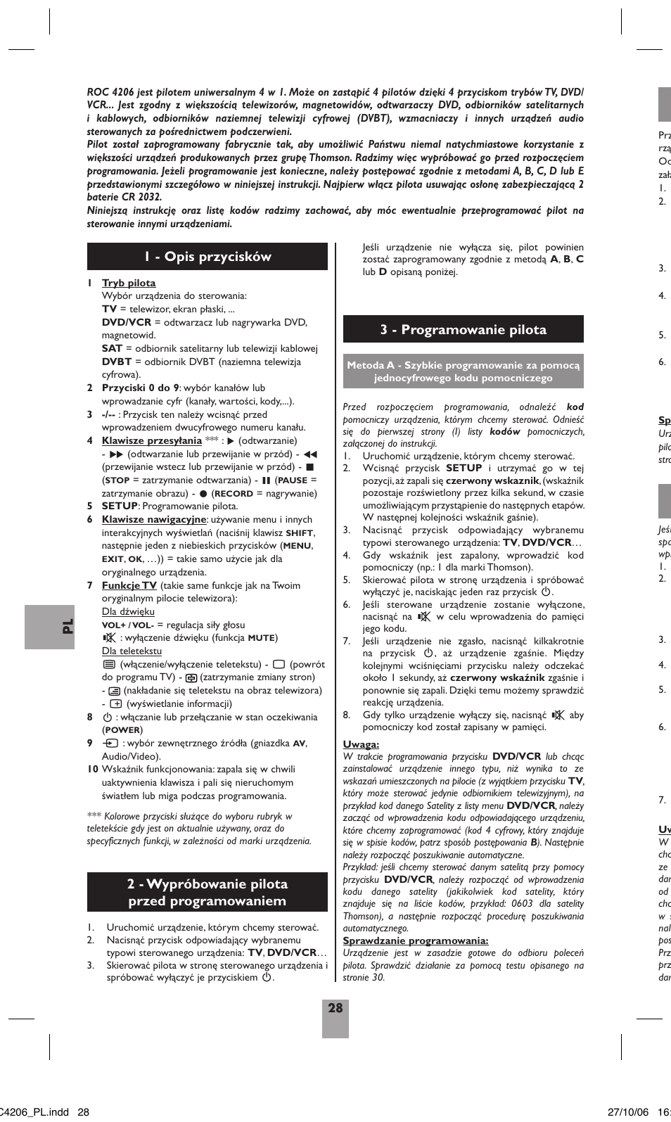 2 - wypróbowanie pilota przed programowaniem, 1 - opis przycisków, 3 - programowanie pilota | Hama ROC4206 User Manual | Page 32 / 54