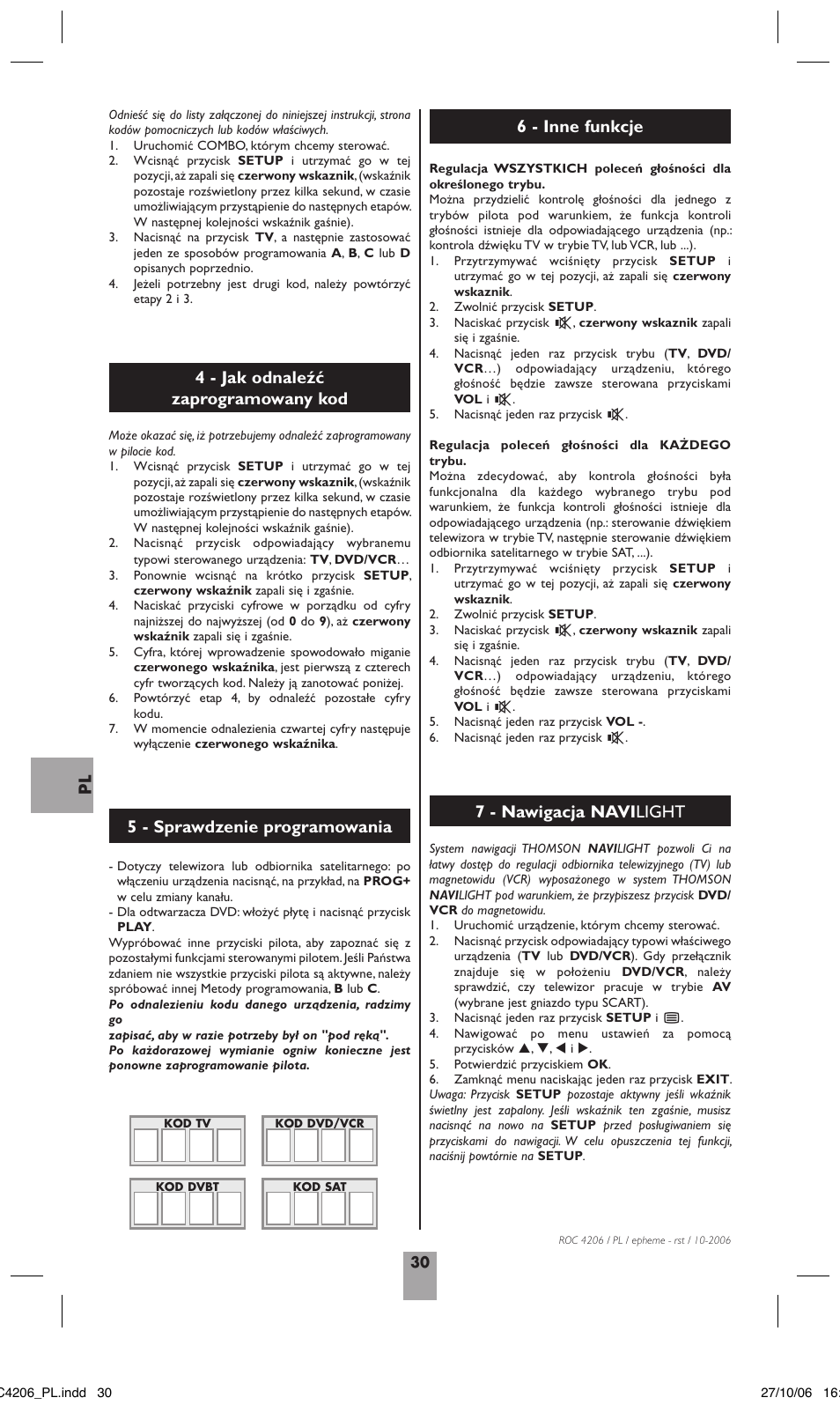 4 - jak odnaleźć zaprogramowany kod, 5 - sprawdzenie programowania, 6 - inne funkcje 7 - nawigacja navi light | Hama ROC4206 User Manual | Page 34 / 54