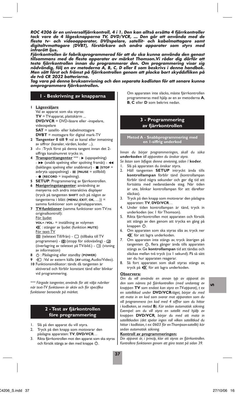 2 - test av fjärkontrollen före programmering | Hama ROC4206 User Manual | Page 41 / 54