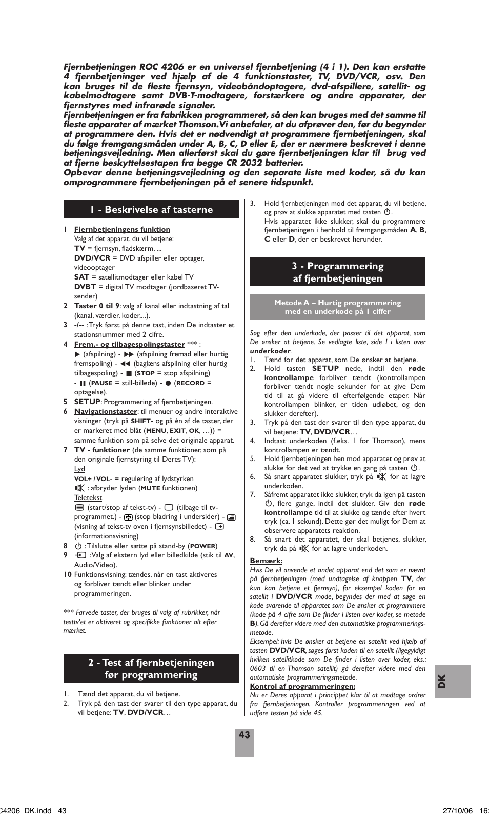 2 - test af fjernbetjeningen før programmering | Hama ROC4206 User Manual | Page 47 / 54