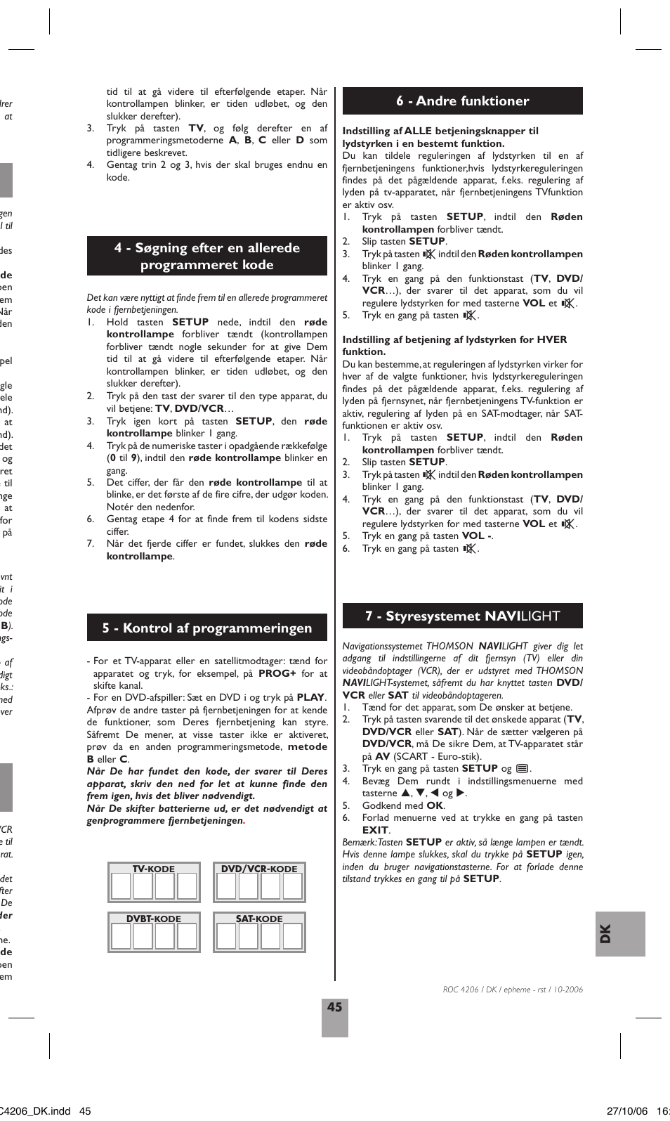 4 - søgning efter en allerede programmeret kode, 5 - kontrol af programmeringen, 6 - andre funktioner 7 - styresystemet navi light | Hama ROC4206 User Manual | Page 49 / 54