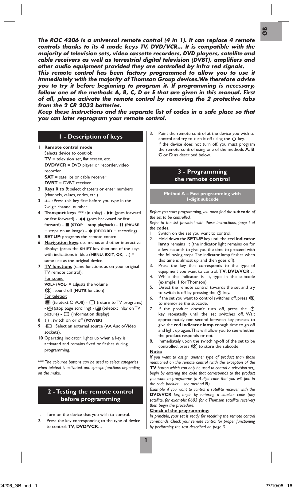 2 - testing the remote control before programming | Hama ROC4206 User Manual | Page 5 / 54