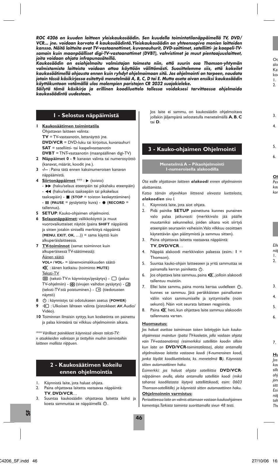2 - kaukosäätimen kokeilu ennen ohjelmointia | Hama ROC4206 User Manual | Page 50 / 54