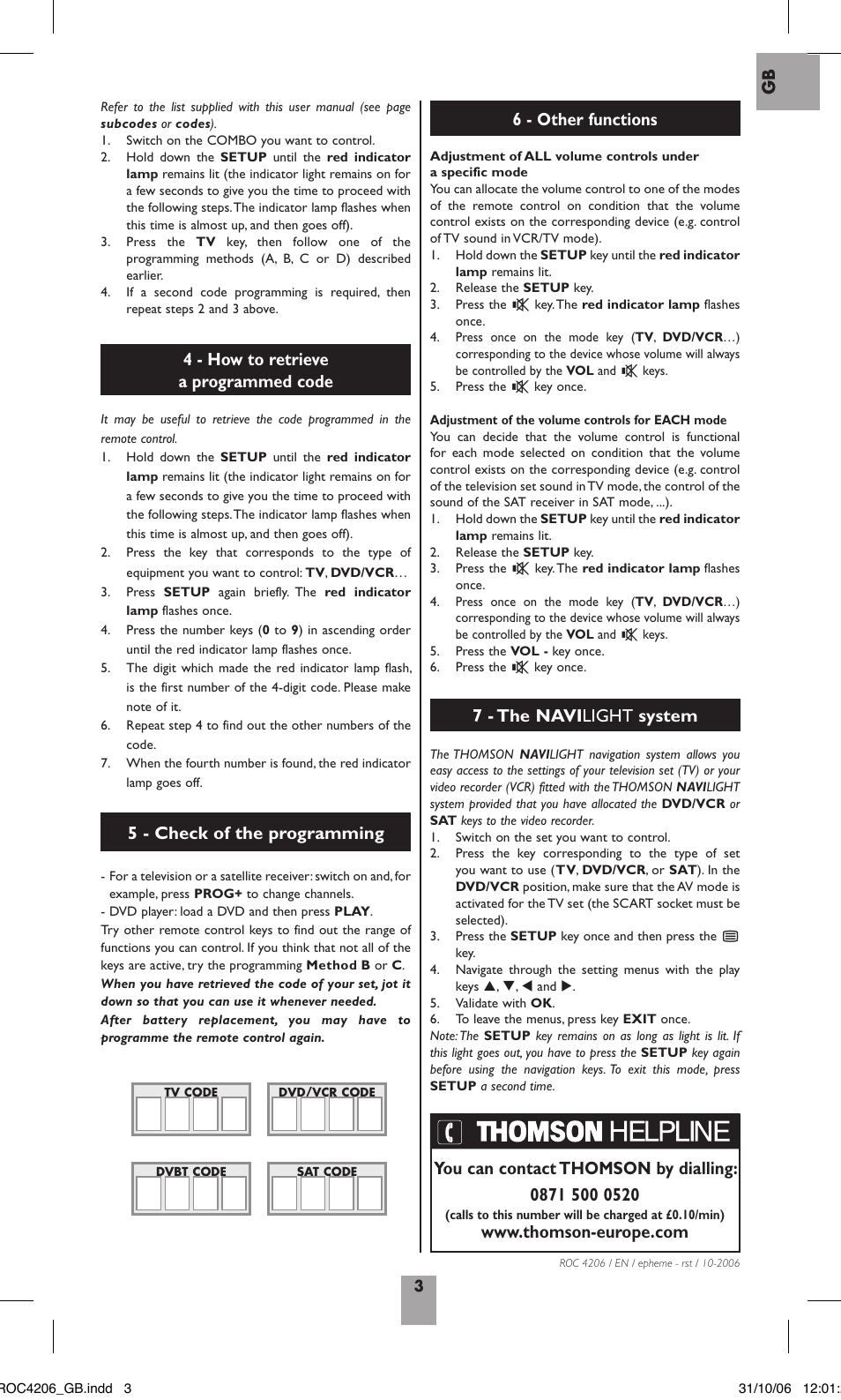 4 - how to retrieve a programmed code, 5 - check of the programming, 7 - the navi light system | 6 - other functions | Hama ROC4206 User Manual | Page 7 / 54