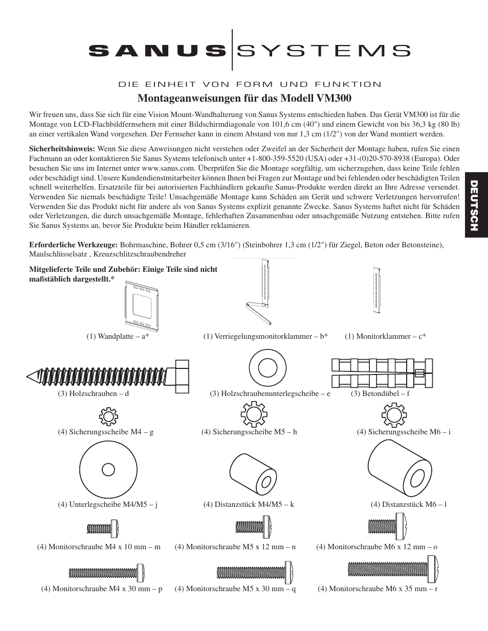 Montageanweisungen für das modell vm300 | Hama Sanus Vm300 User Manual | Page 11 / 34