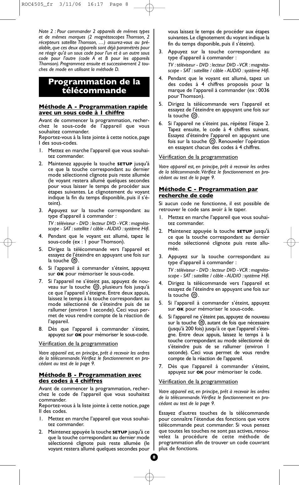 Programmation de la télécommande | Hama ROC4505 User Manual | Page 12 / 102