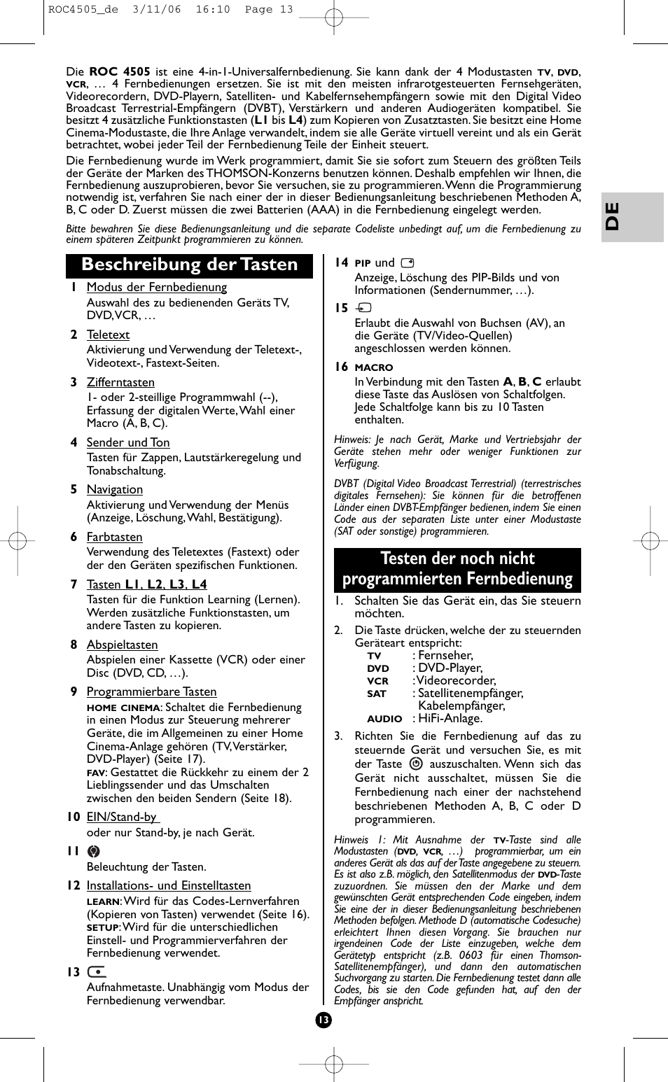 Beschreibung der tasten, Testen der noch nicht programmierten fernbedienung | Hama ROC4505 User Manual | Page 17 / 102