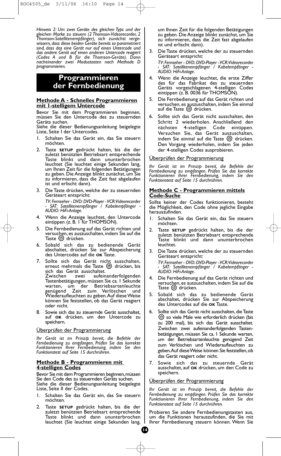 Programmieren der fernbedienung | Hama ROC4505 User Manual | Page 18 / 102