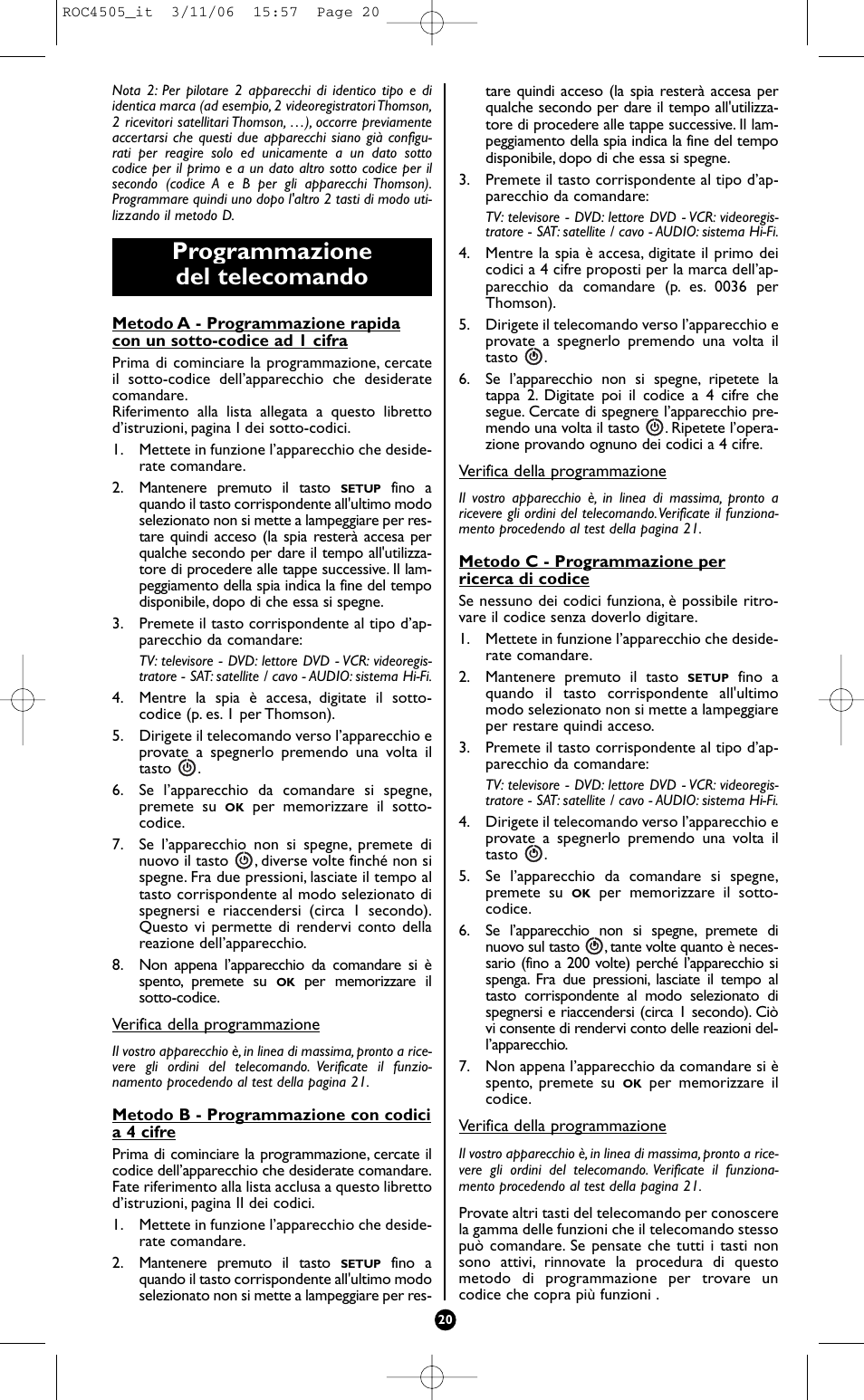 Programmazione del telecomando | Hama ROC4505 User Manual | Page 24 / 102