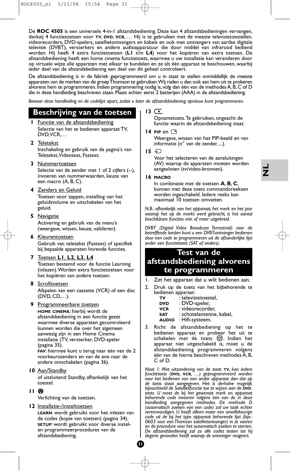 Beschrijving van de toetsen | Hama ROC4505 User Manual | Page 35 / 102