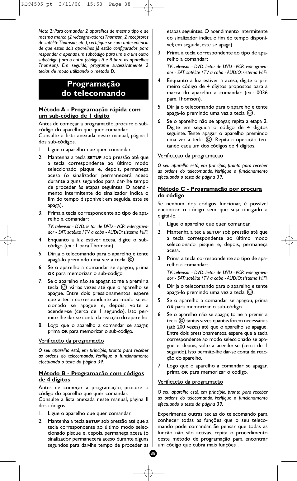 Programação do telecomando | Hama ROC4505 User Manual | Page 42 / 102