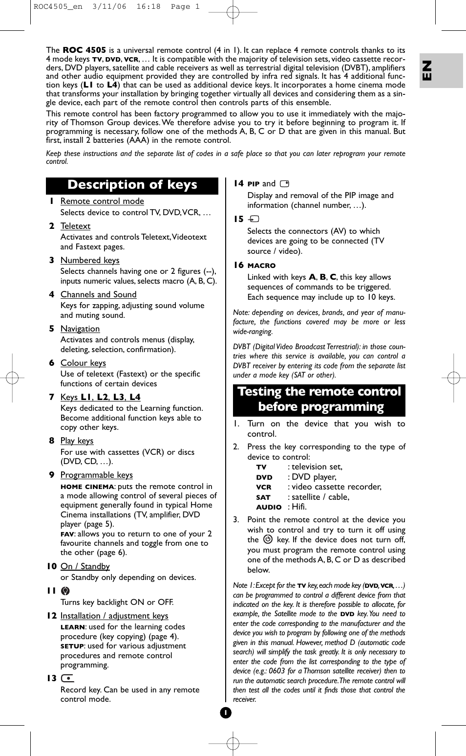 Description of keys, Testing the remote control before programming | Hama ROC4505 User Manual | Page 5 / 102