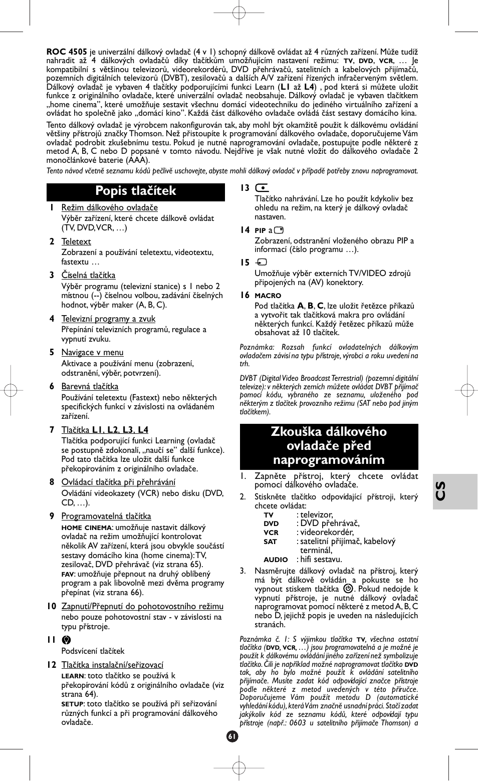 Popis tlačítek, Zkouška dálkového ovladače před naprogramováním | Hama ROC4505 User Manual | Page 65 / 102