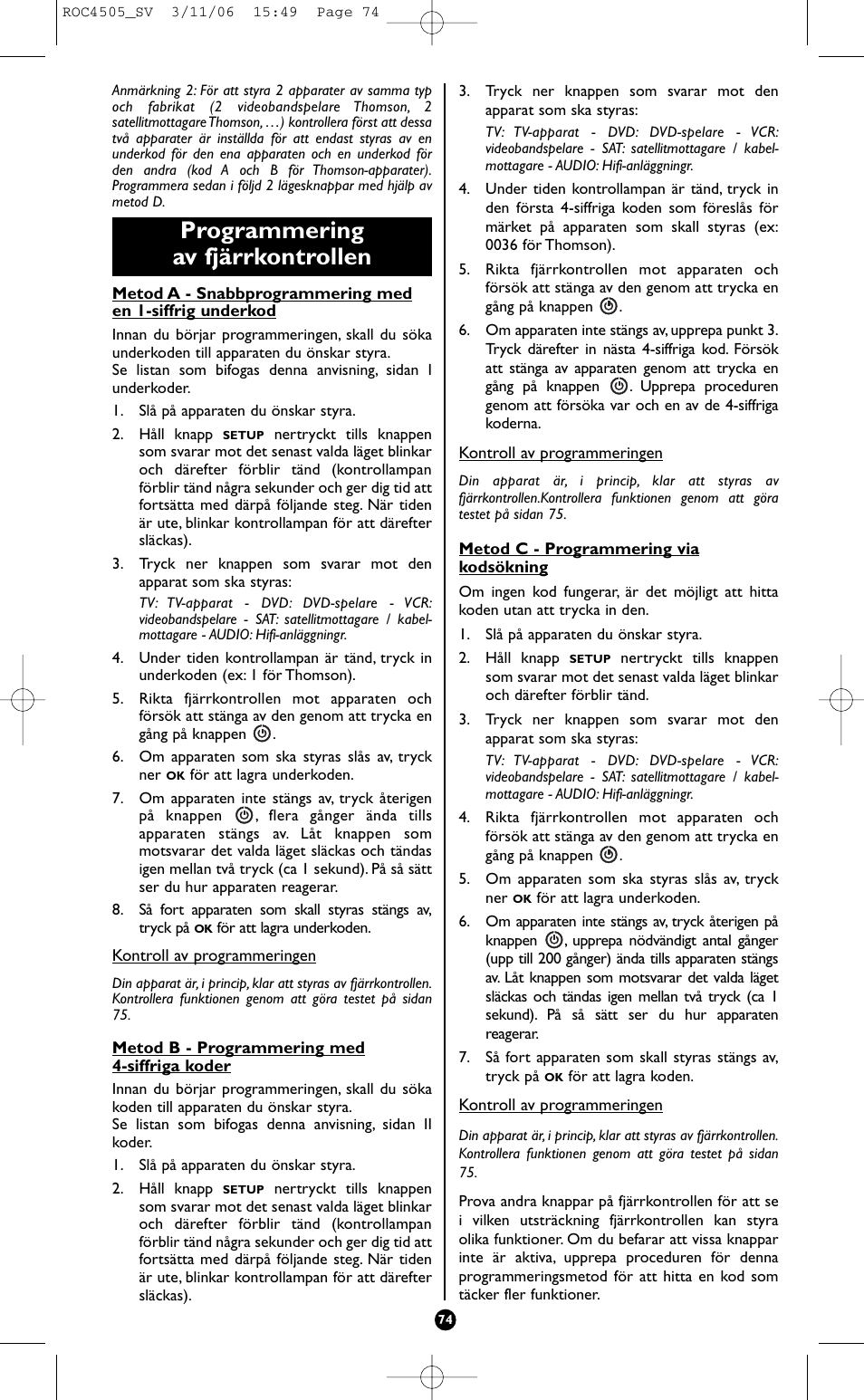 Programmering av fjärrkontrollen | Hama ROC4505 User Manual | Page 78 / 102