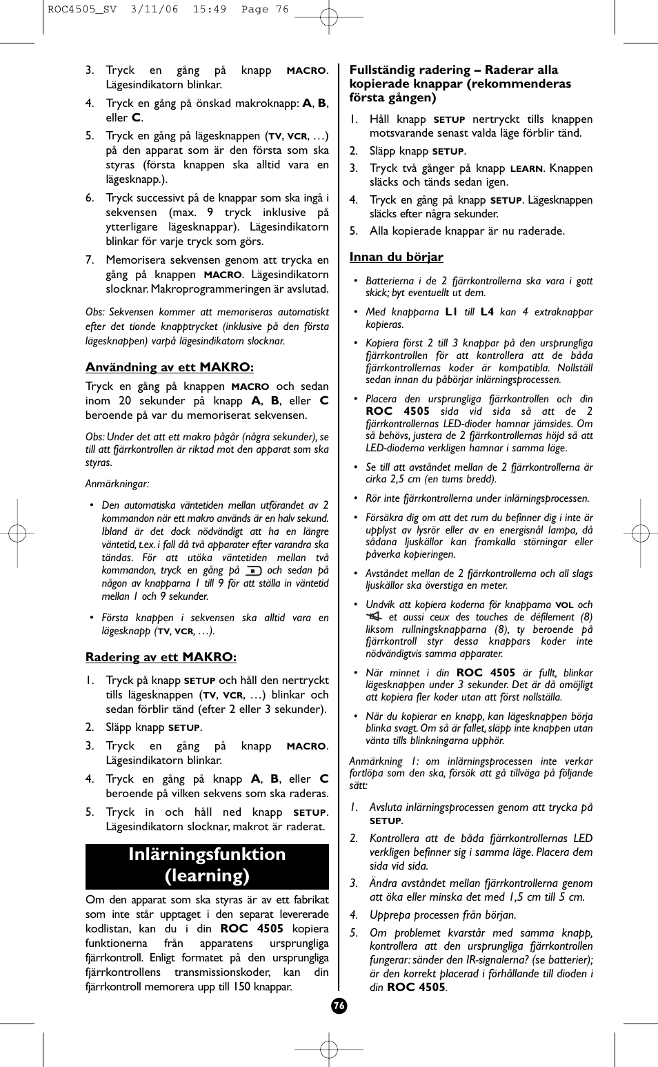 Inlärningsfunktion (learning) | Hama ROC4505 User Manual | Page 80 / 102