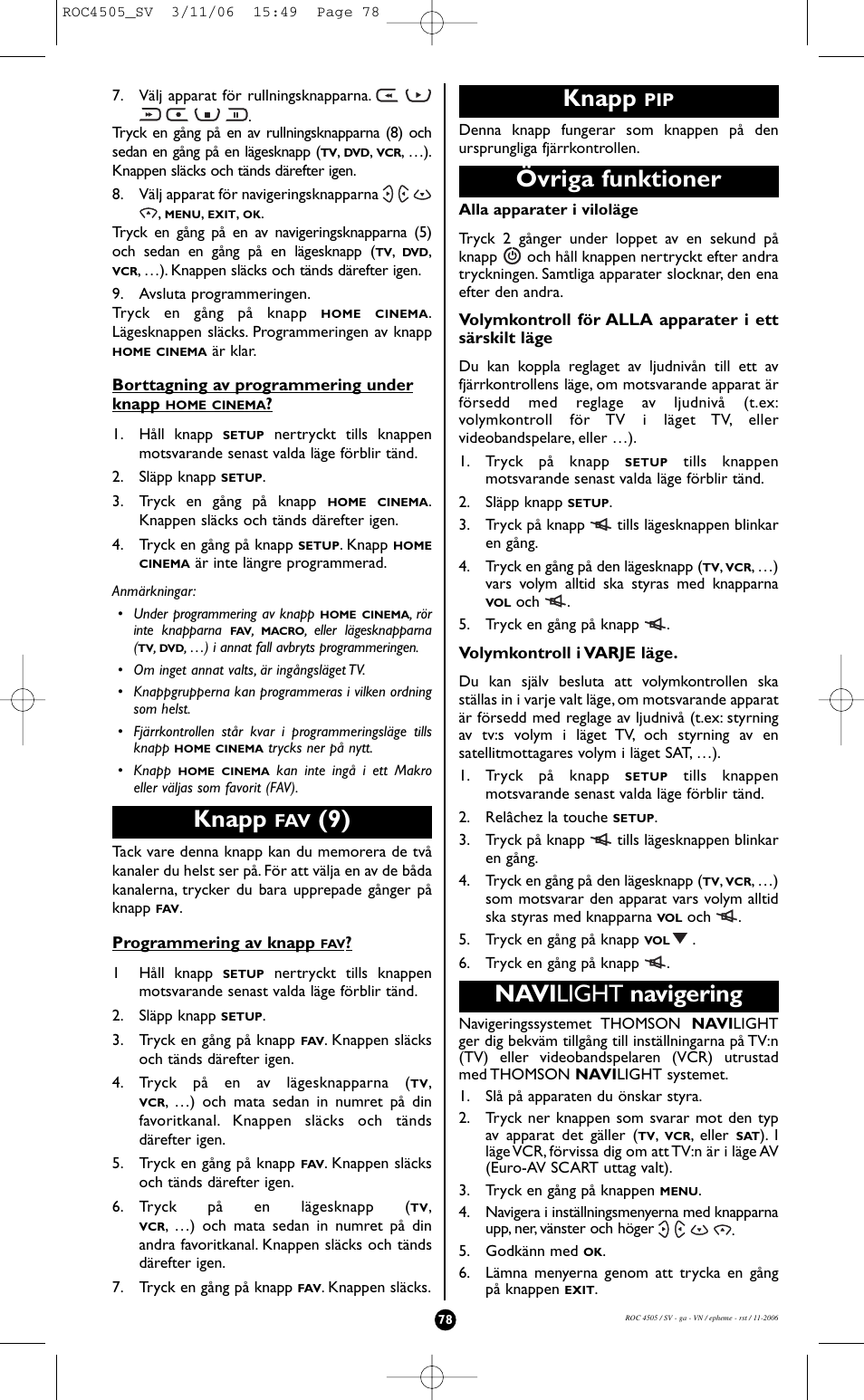 Knapp, Övriga funktioner, Navi light navigering | Hama ROC4505 User Manual | Page 82 / 102