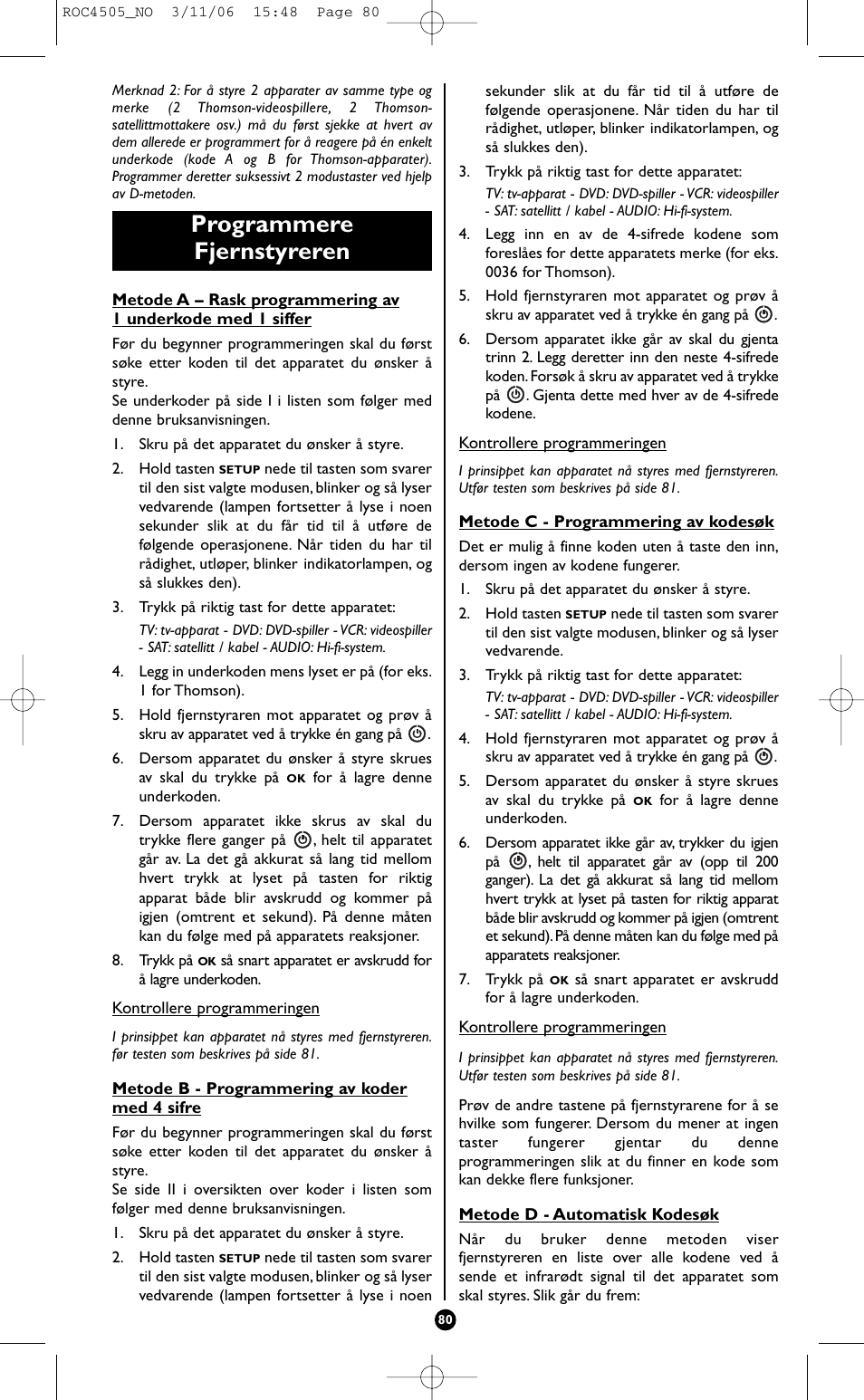Programmere fjernstyreren | Hama ROC4505 User Manual | Page 84 / 102