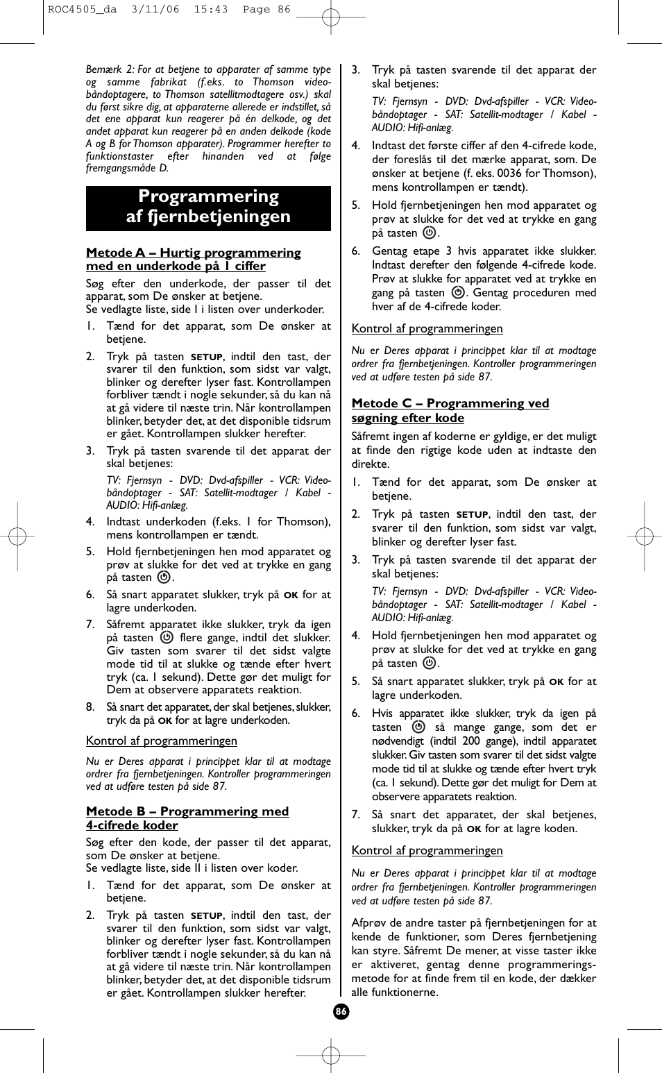 Programmering af fjernbetjeningen | Hama ROC4505 User Manual | Page 90 / 102