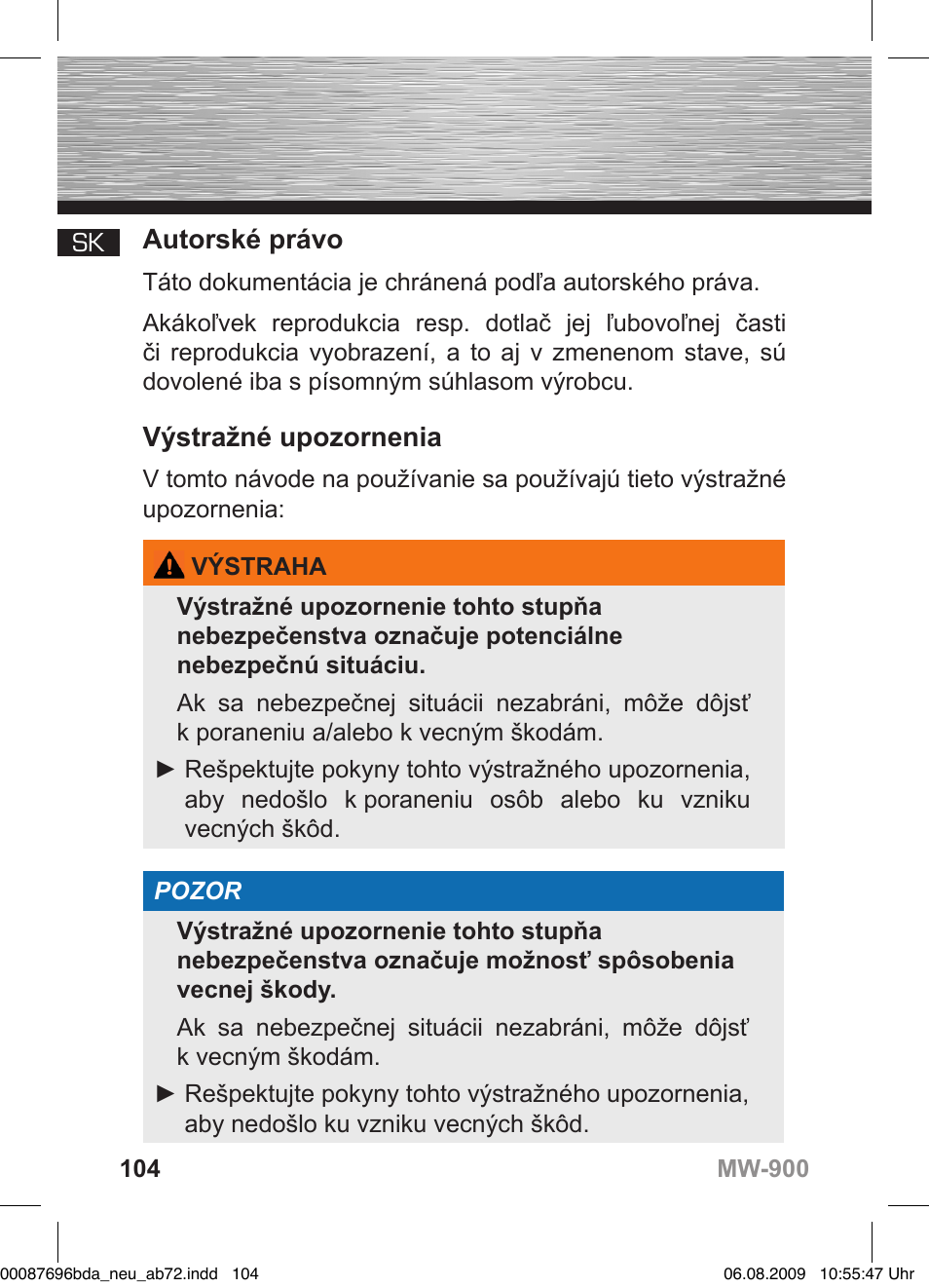 D bedienungsanleitung, Autorské právo, Výstražné upozornenia | Hama MW900 User Manual | Page 103 / 140