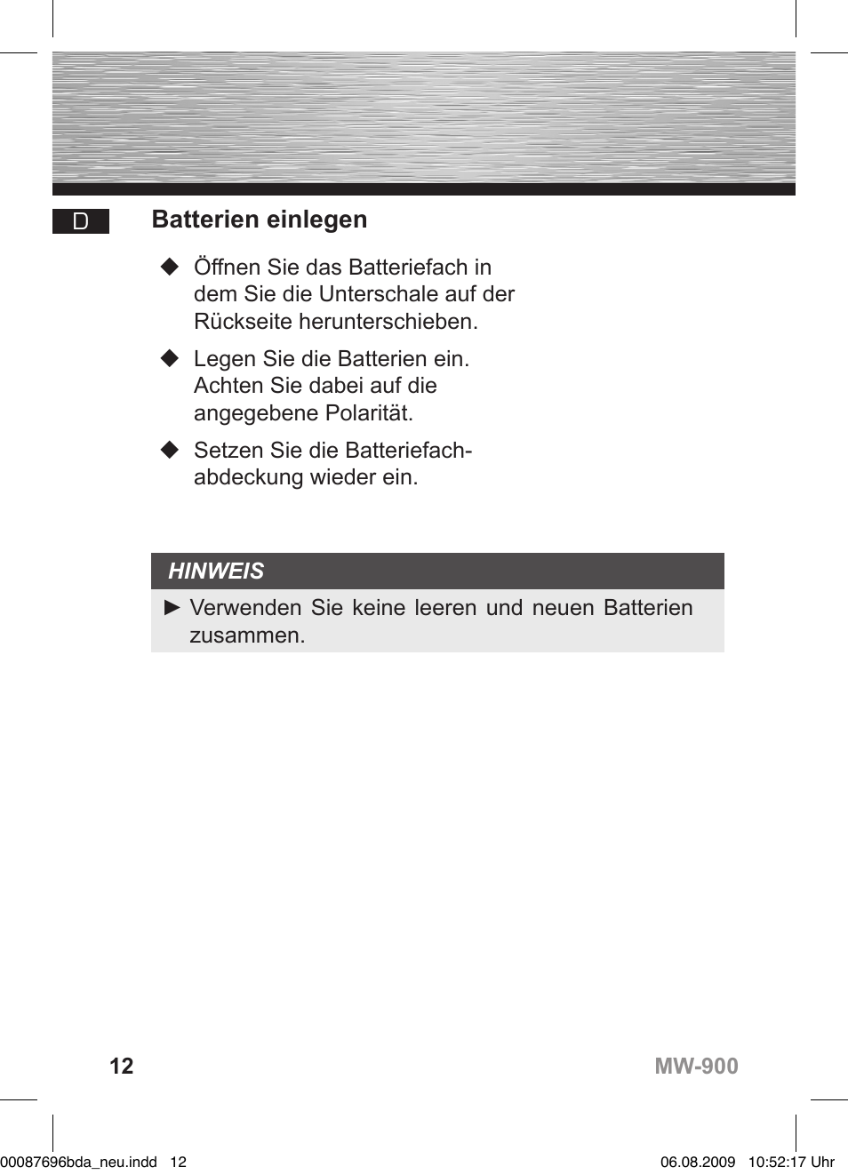 Batterien einlegen | Hama MW900 User Manual | Page 13 / 140
