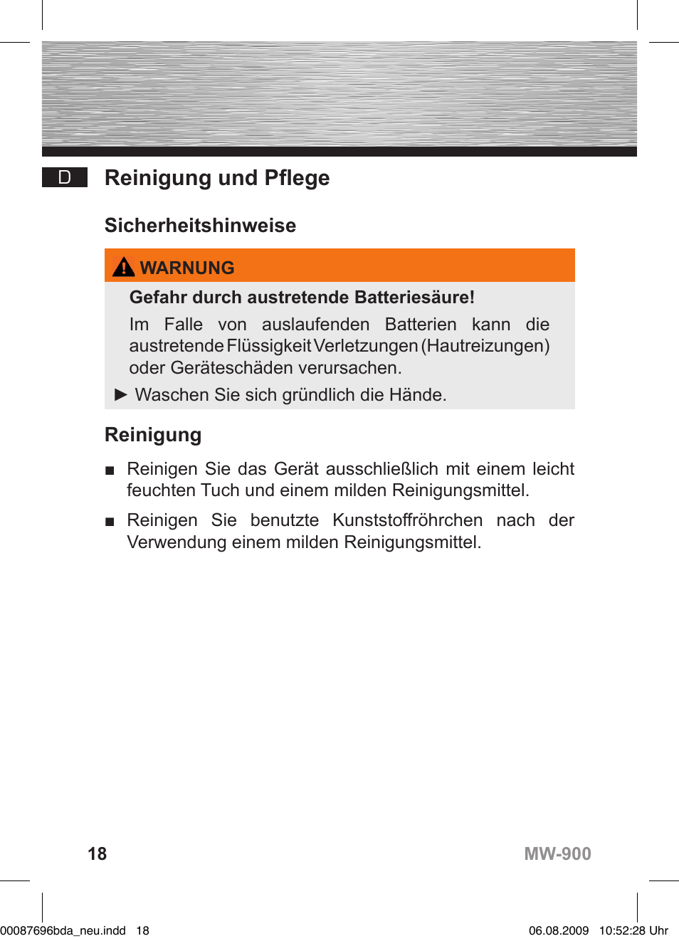 Reinigung und pflege, Sicherheitshinweise, Reinigung | Hama MW900 User Manual | Page 19 / 140