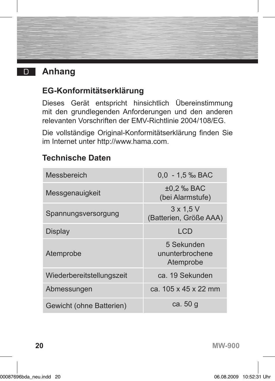 Anhang, Eg-konformitätserklärung, Technische daten | Hama MW900 User Manual | Page 21 / 140