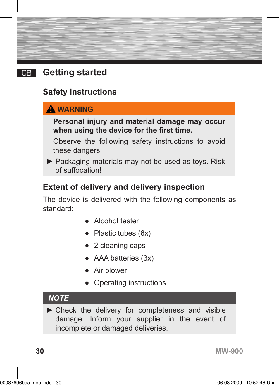 D bedienungsanleitung, Getting started, Safety instructions | Extent of delivery and delivery inspection | Hama MW900 User Manual | Page 30 / 140