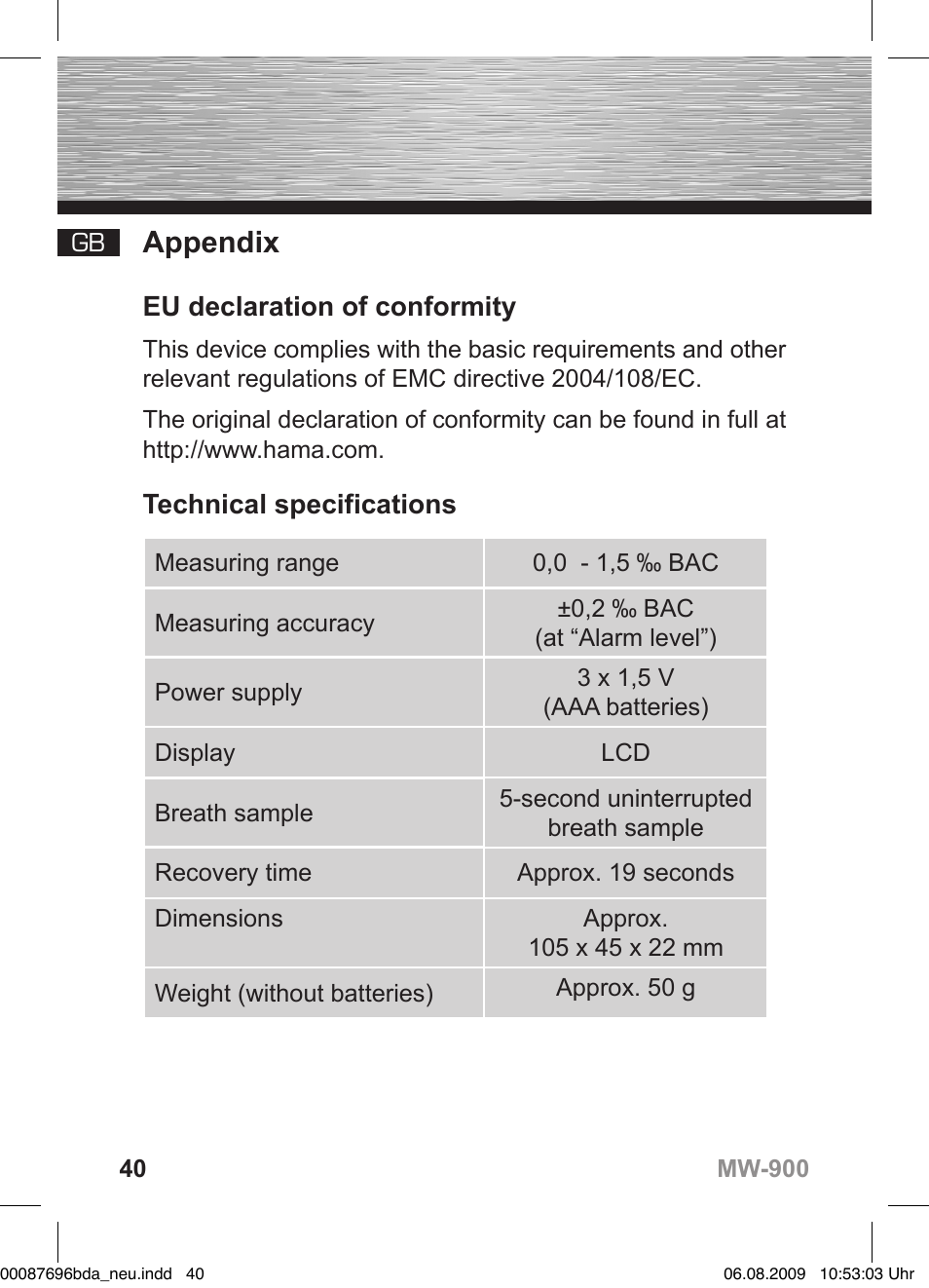 D bedienungsanleitung, Appendix | Hama MW900 User Manual | Page 40 / 140