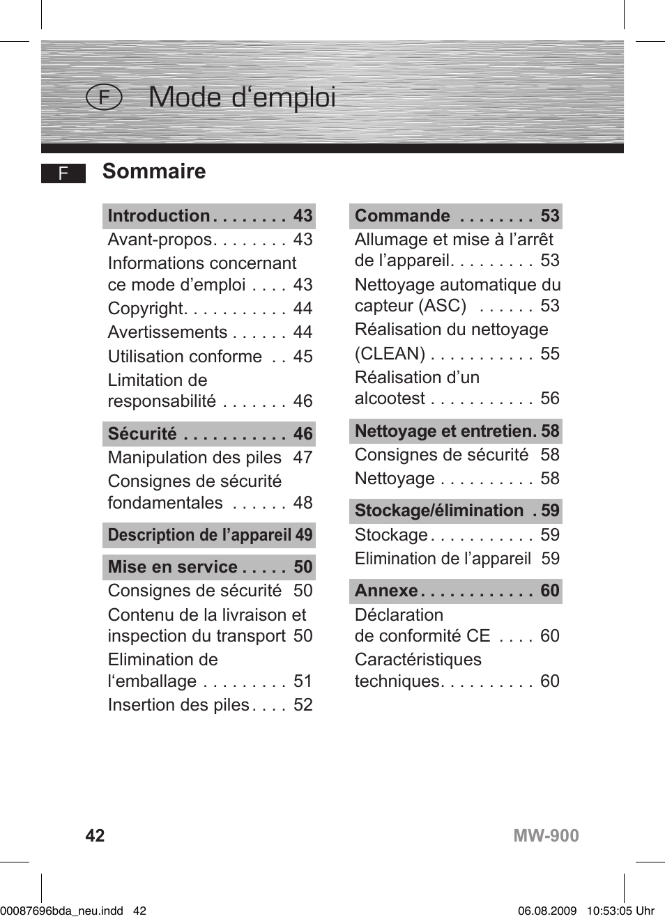 D bedienungsanleitung, F mode d‘emploi, Sommaire | Hama MW900 User Manual | Page 41 / 140