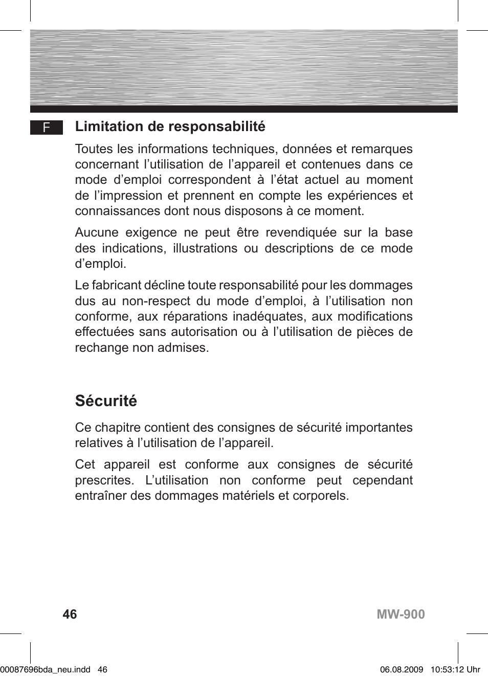 D bedienungsanleitung, Sécurité, Limitation de responsabilité | Hama MW900 User Manual | Page 45 / 140