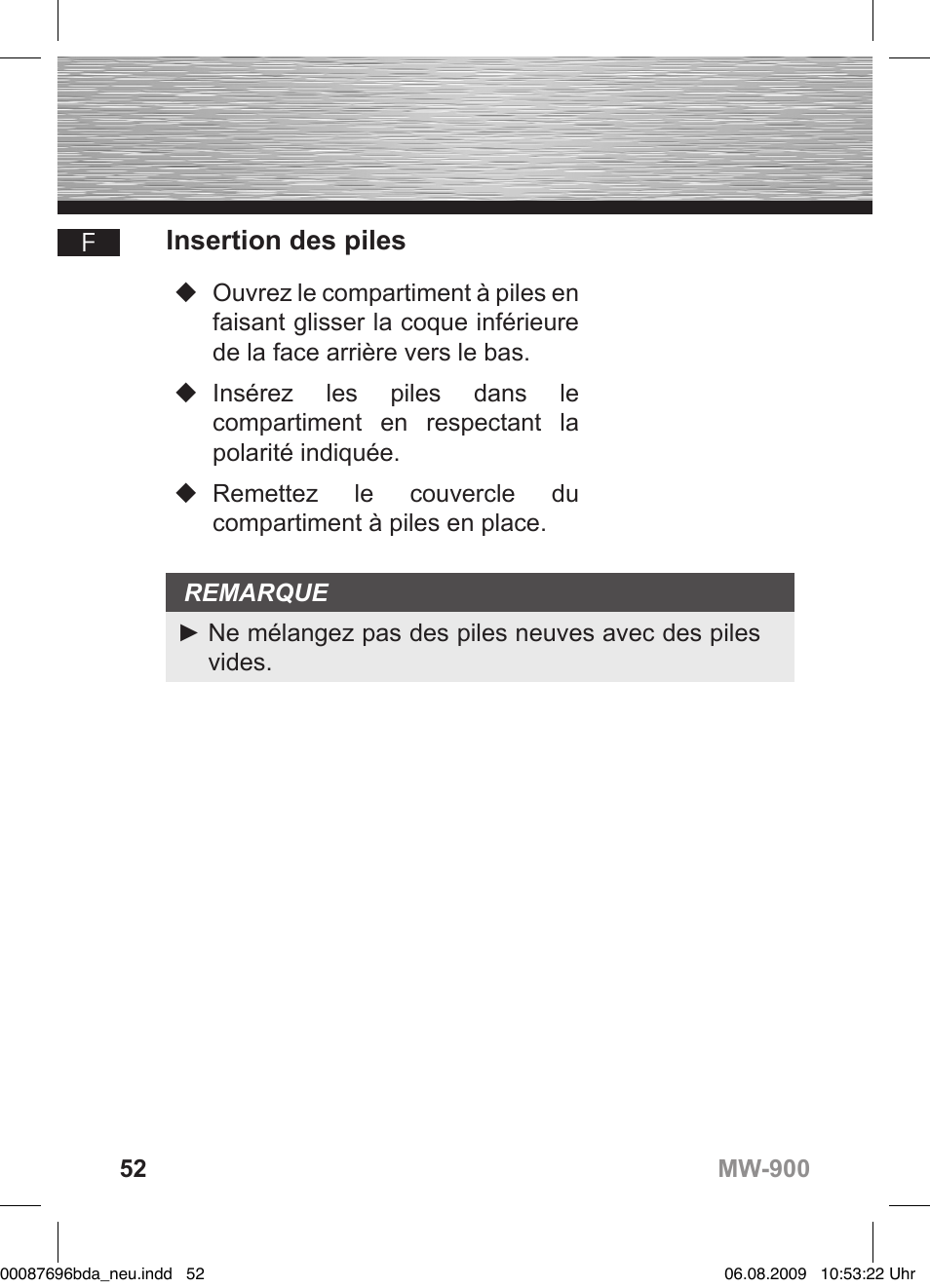 D bedienungsanleitung, Insertion des piles | Hama MW900 User Manual | Page 51 / 140