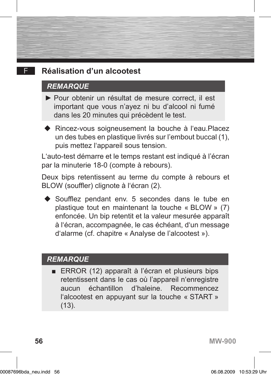 D bedienungsanleitung, Réalisation d’un alcootest | Hama MW900 User Manual | Page 55 / 140