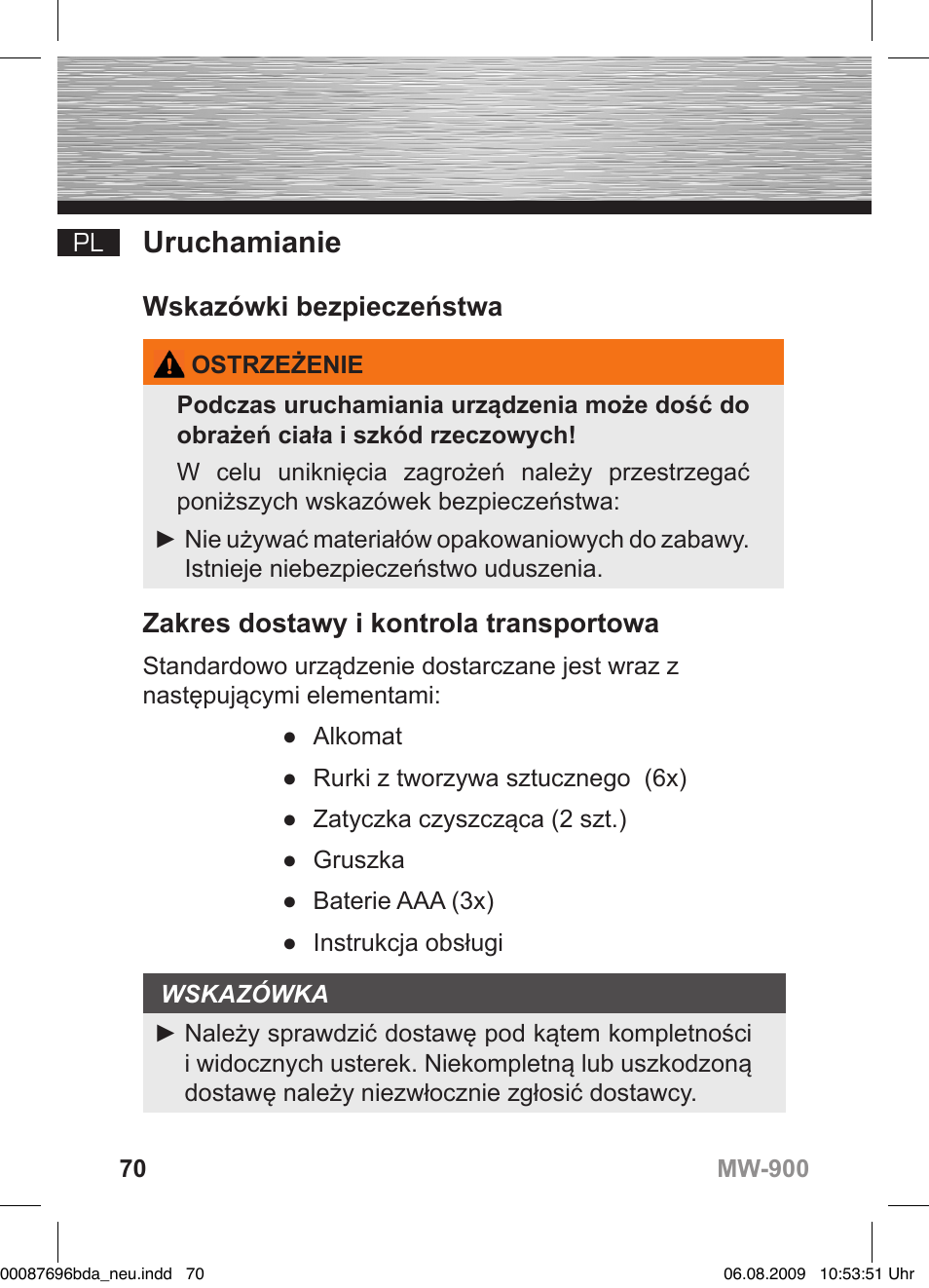D bedienungsanleitung, Uruchamianie, Wskazówki bezpieczeństwa | Zakres dostawy i kontrola transportowa | Hama MW900 User Manual | Page 69 / 140