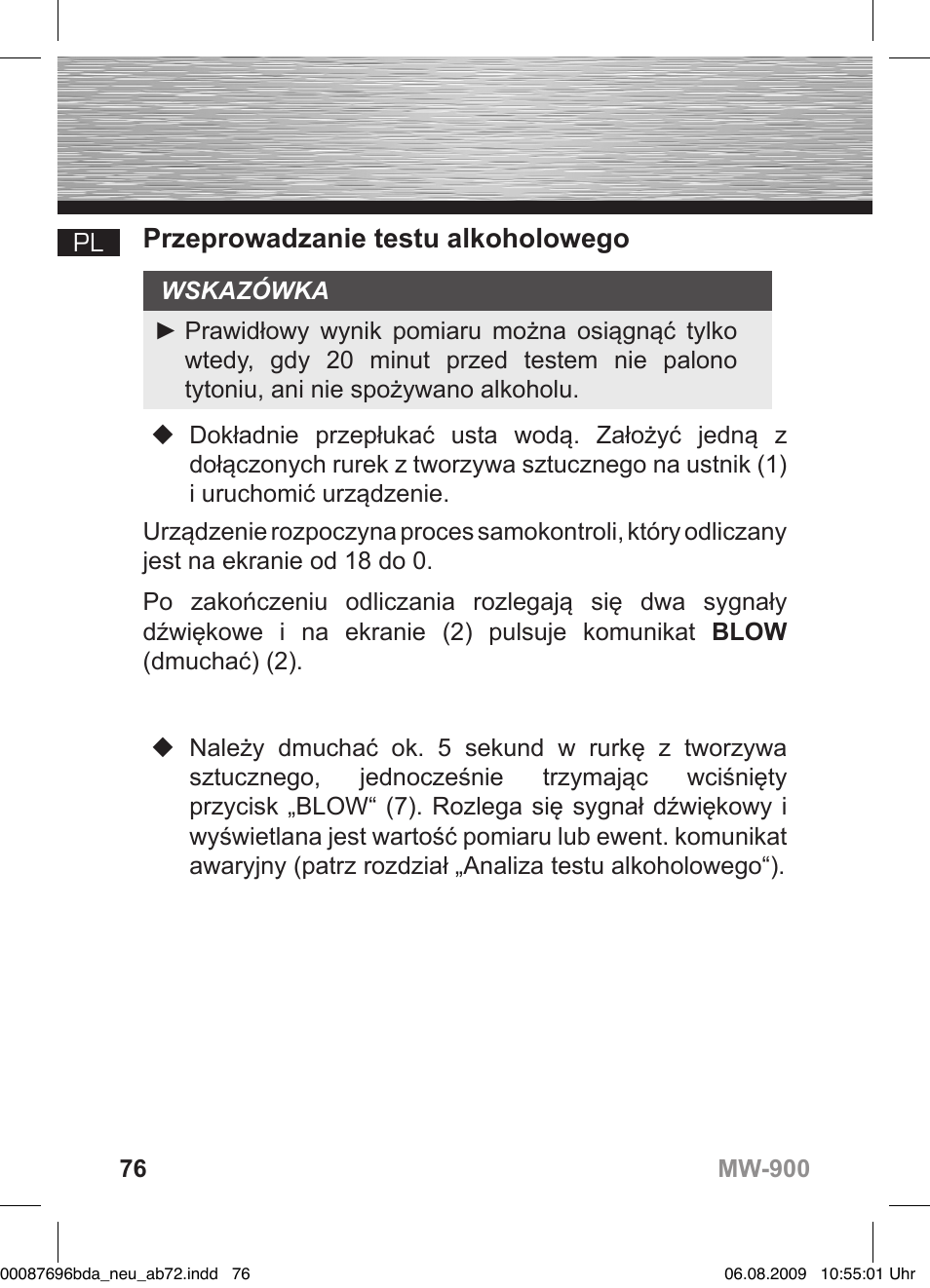 D bedienungsanleitung, Przeprowadzanie testu alkoholowego | Hama MW900 User Manual | Page 75 / 140