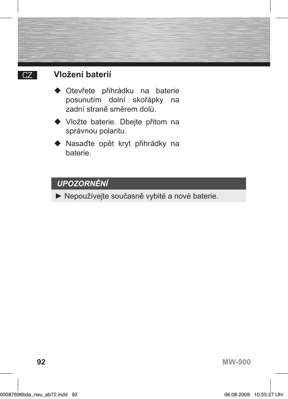 D bedienungsanleitung, Vložení baterií | Hama MW900 User Manual | Page 91 / 140