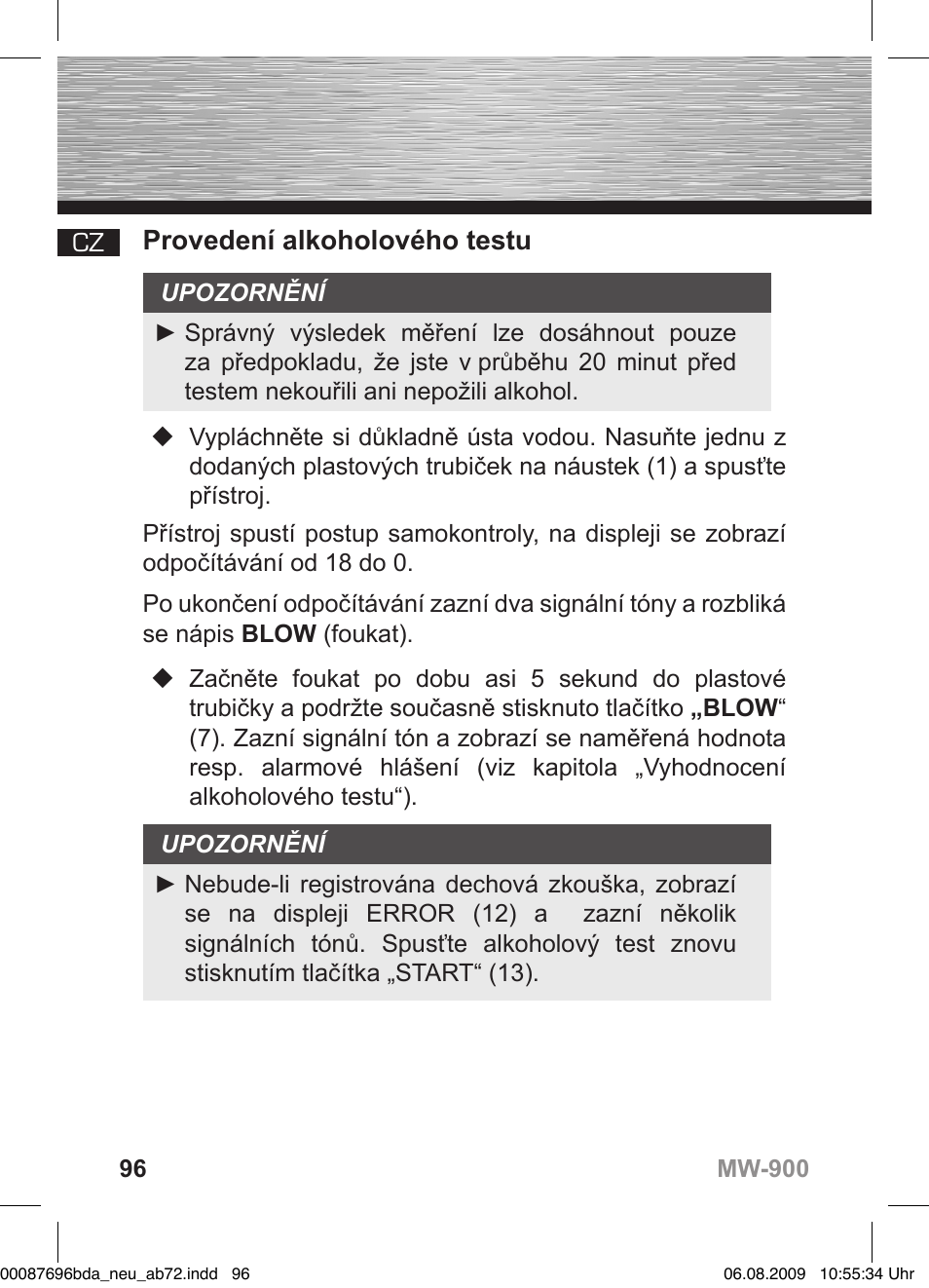 D bedienungsanleitung, Provedení alkoholového testu | Hama MW900 User Manual | Page 95 / 140