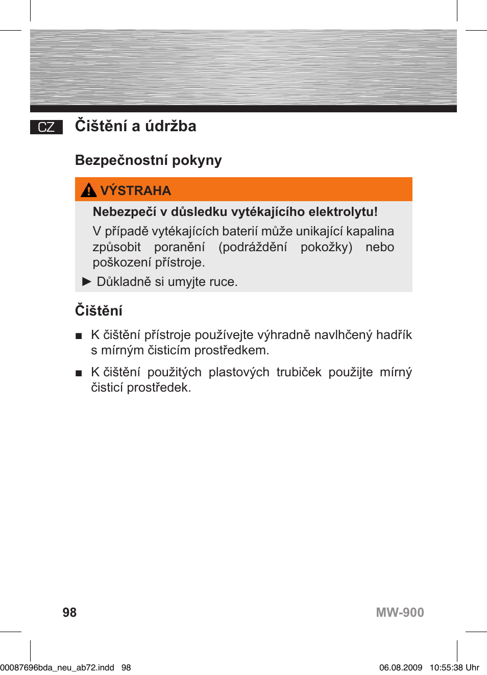D bedienungsanleitung, Čištění a údržba, Bezpečnostní pokyny | Čištění | Hama MW900 User Manual | Page 97 / 140