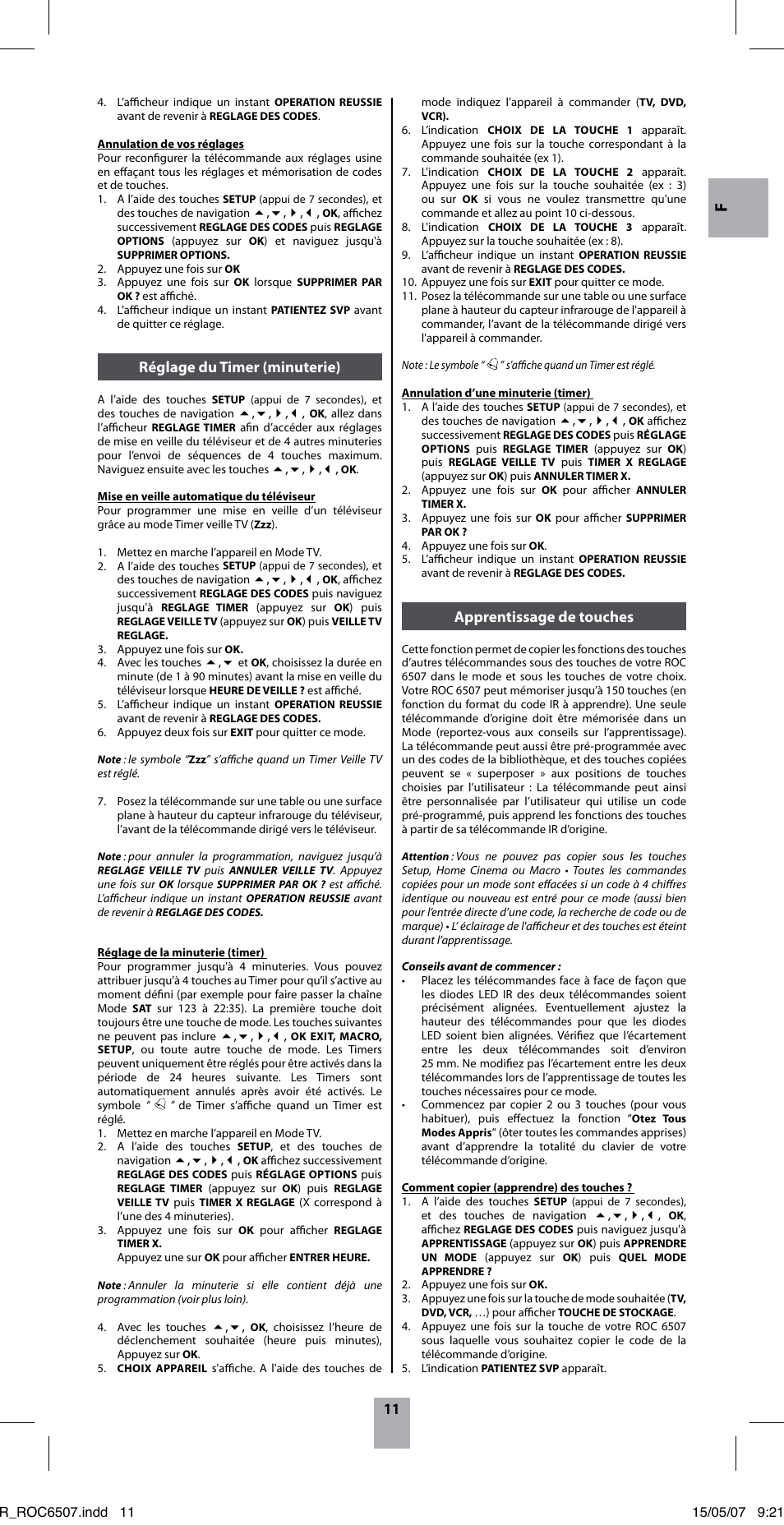 Apprentissage de touches, Réglage du timer (minuterie) | Hama ROC6507 User Manual | Page 14 / 48