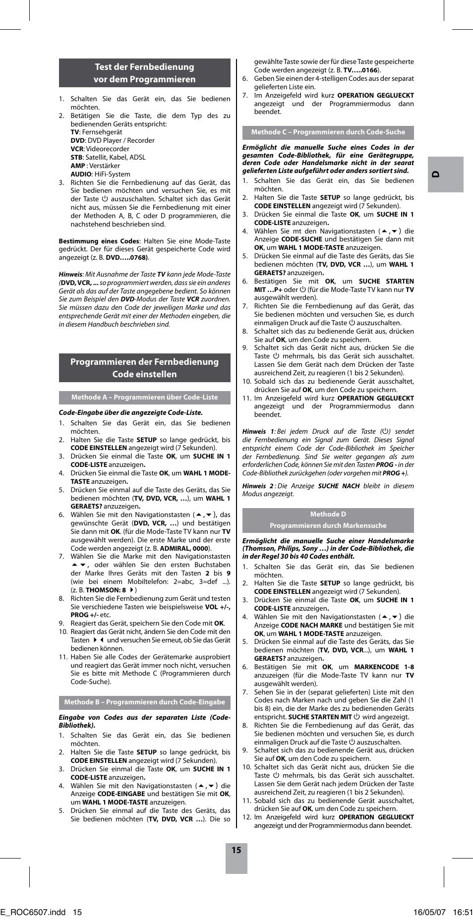 15 programmieren der fernbedienung code einstellen, Test der fernbedienung vor dem programmieren | Hama ROC6507 User Manual | Page 18 / 48