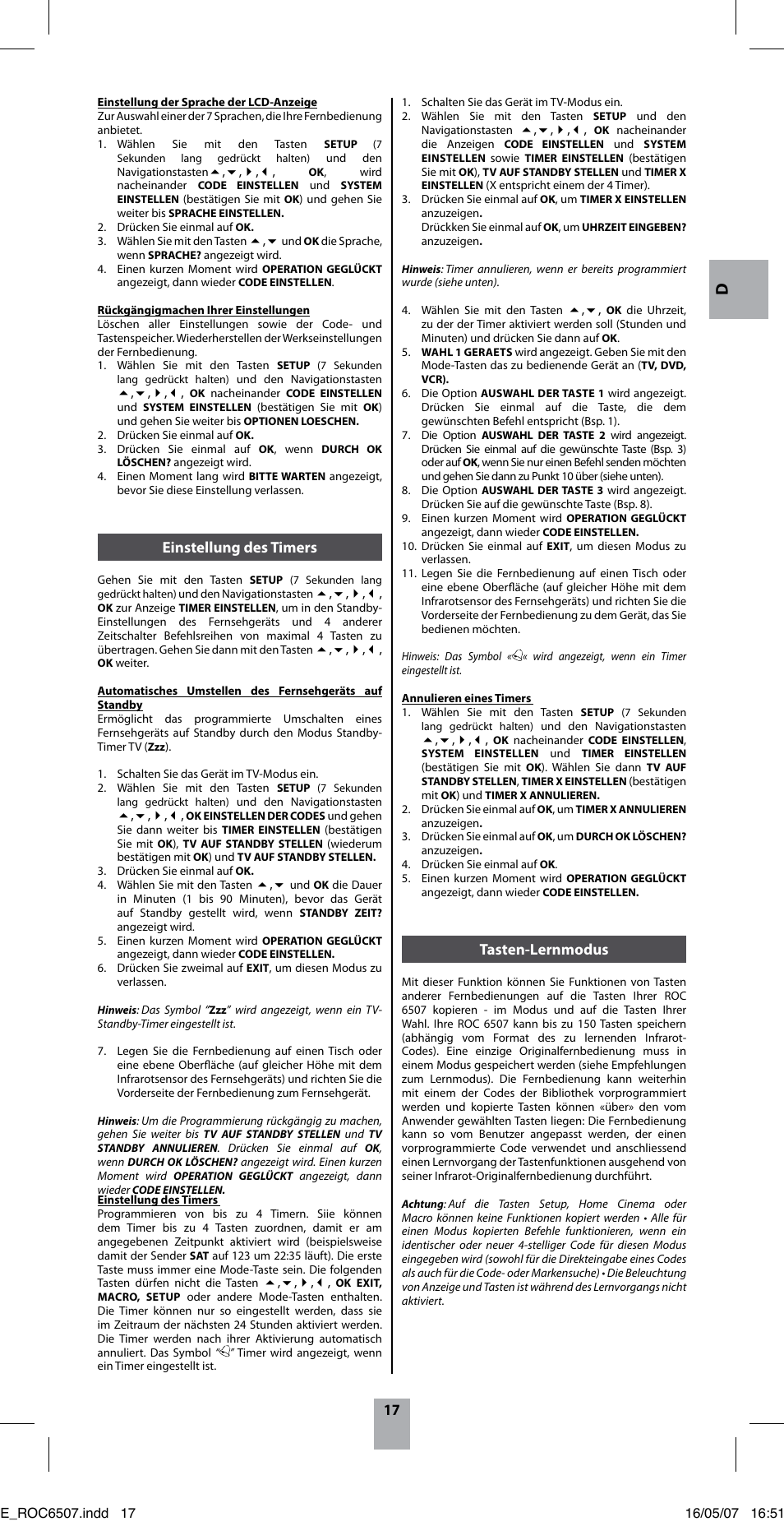 Tasten-lernmodus, Einstellung des timers | Hama ROC6507 User Manual | Page 20 / 48