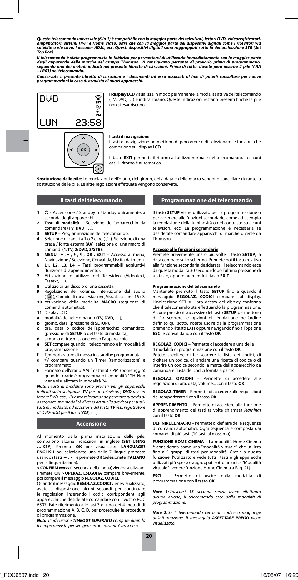 Il tasti del telecomando, Accensione, Programmazione del telecomando | Hama ROC6507 User Manual | Page 23 / 48
