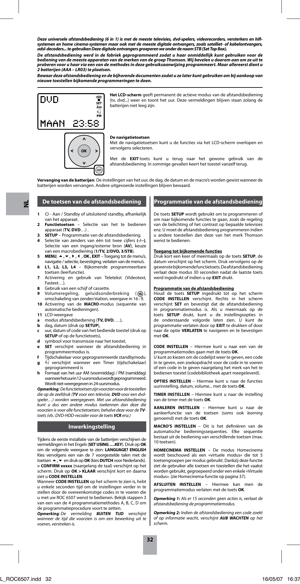 De toetsen van de afstandsbediening, Inwerkingstelling, Programmatie van de afstandsbediening | Hama ROC6507 User Manual | Page 35 / 48