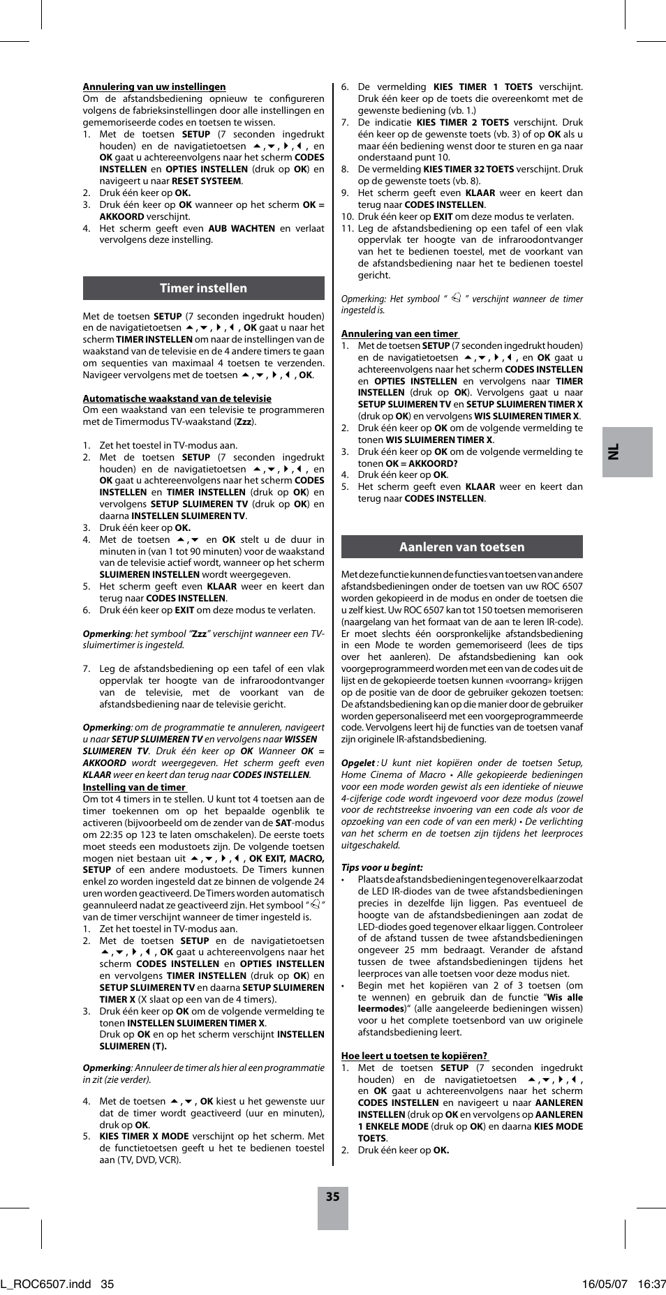 Aanleren van toetsen, Timer instellen | Hama ROC6507 User Manual | Page 38 / 48