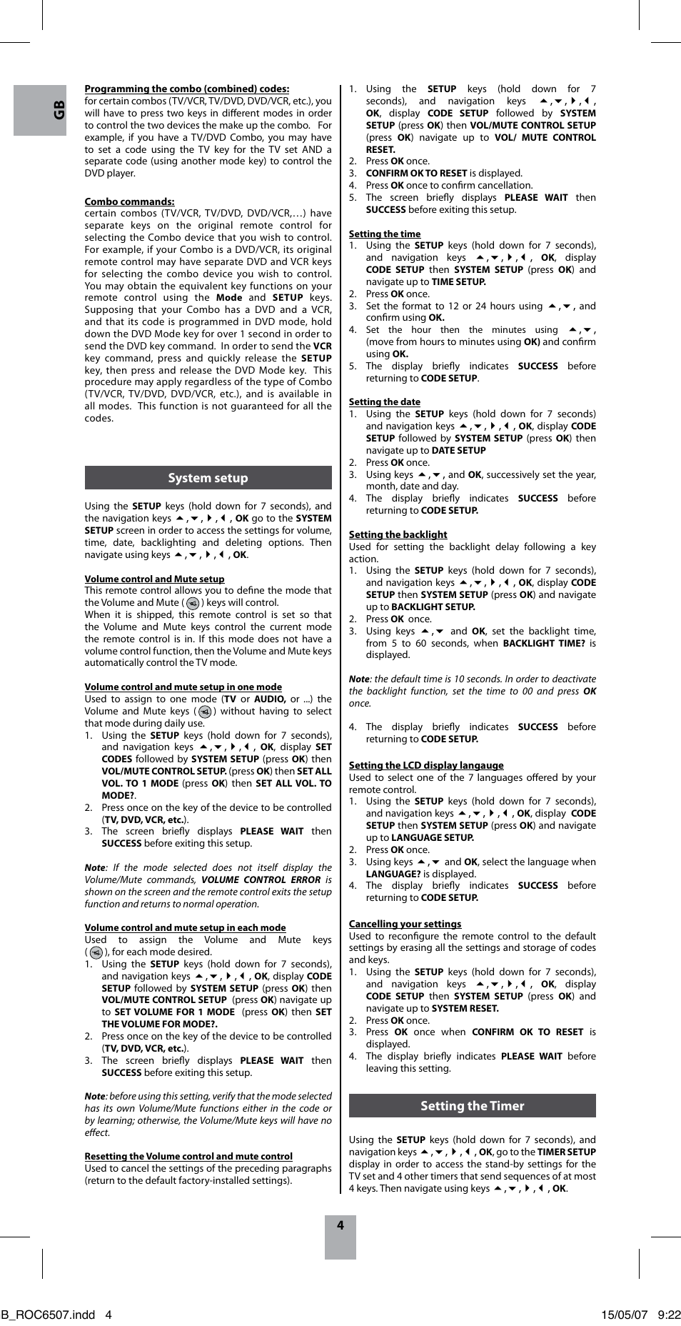 System setup, Setting the timer | Hama ROC6507 User Manual | Page 7 / 48