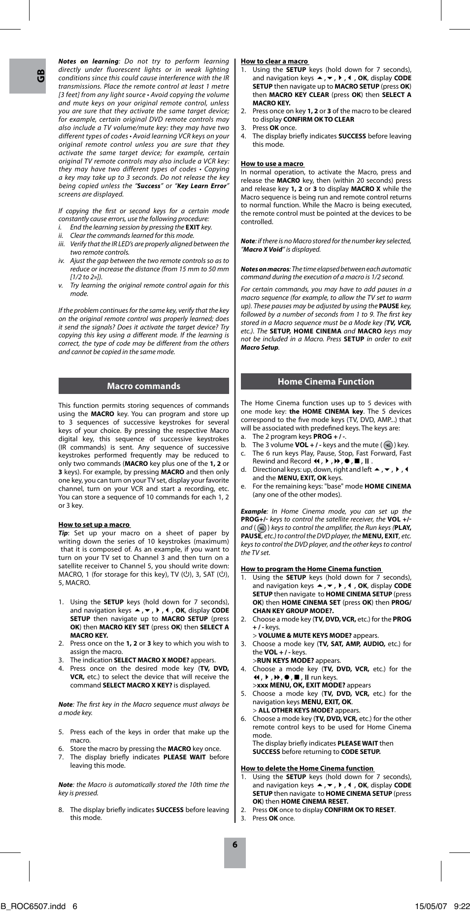 Macro commands, Home cinema function | Hama ROC6507 User Manual | Page 9 / 48